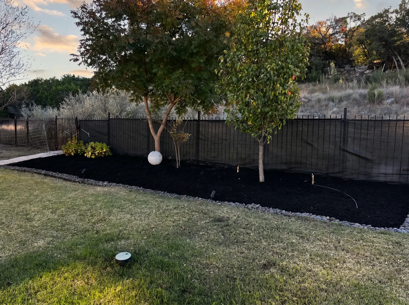 Backyard planting bed with dark mulch, river rock edging, trees, and a fence.